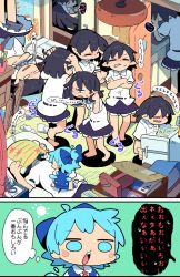 Rule 34 | 2girls, barefoot, black hair, black skirt, blue dress, blue eyes, blue hair, bow, cirno, comic, dress, frustrated, girl on top, hair bow, highres, moyazou (kitaguni moyashi seizoujo), multiple girls, pillow, puffy short sleeves, puffy sleeves, refrigerator, shameimaru aya, shirt, short hair, short sleeves, sitting, sitting on person, skirt, thumb sucking, touhou, translation request, upside-down, white shirt, wings