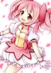 Rule 34 | 10s, 1girl, :d, bow, bubble skirt, choker, gloves, hair bow, highres, kaname madoka, mahou shoujo madoka magica, mahou shoujo madoka magica (anime), open mouth, petals, pink eyes, pink hair, puffy sleeves, skirt, smile, solo, soul gem, twintails, uzu hi, white gloves