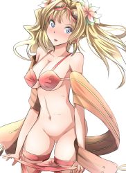 Rule 34 | 10s, 1girl, bad id, bad pixiv id, bare shoulders, bikini, bikini pull, blonde hair, blue eyes, blush, breasts, cleavage, clothes pull, collarbone, cowboy shot, eyewear on head, flower, glasses, granblue fantasy, groin, hair flower, hair intakes, hair ornament, head tilt, hibiscus, highres, large breasts, looking at viewer, pink flower, pulled by self, pussy juice, pussy juice trail, red bikini, shawl, shuga (soranote), solo, standing, sunglasses, swimsuit, thigh strap, twintails, undressing, zeta (granblue fantasy), zeta (summer) (granblue fantasy)