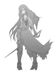Rule 34 | 1girl, armor, back, bare shoulders, breastplate, breasts, castlevania (series), castlevania: order of ecclesia, detached sleeves, elbow gloves, faulds, female focus, from behind, gloves, greaves, greyscale, hand on own hip, highres, konami, kuso otoko, long hair, looking back, monochrome, rapier, shanoa, simple background, small breasts, solo, sword, tattoo, very long hair, weapon, white background
