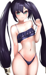 Rule 34 | 1girl, absurdres, amemiya arikapu, aqua eyes, arm behind back, bad id, bad pixiv id, bare shoulders, bikini, black hair, blue bikini, breasts, closed mouth, collarbone, commentary request, genshin impact, hair ornament, hand up, highleg, highleg bikini, highres, lips, long hair, looking at viewer, mona (genshin impact), navel, pulling own clothes, small breasts, solo, stomach, swimsuit, thighs, twintails