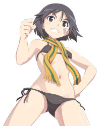 Rule 34 | 1girl, bikini, black bikini, black hair, blue eyes, blush, brave witches, breasts, clenched hand, from below, grin, hand on own hip, kanno naoe, looking at viewer, nanashino, navel, scarf, short hair, side-tie bikini bottom, simple background, small breasts, smile, solo, swimsuit, white background, world witches series