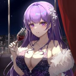 Rule 34 | 1girl, alcohol, alternate costume, alternate hairstyle, bad id, bad twitter id, bangle, bare shoulders, blue sky, bracelet, breasts, building, city, cleavage, closed mouth, collarbone, couch, cup, curtains, dress, drinking glass, earrings, eyelashes, fingernails, flower, flower earrings, genshin impact, glass, grey flower, hair between eyes, hair flower, hair ornament, hand up, highres, holding, holding cup, indoors, jewelry, large breasts, lips, long fingernails, long hair, looking at viewer, mole, mole under eye, nail polish, necklace, night, night sky, purple dress, purple eyes, purple flower, purple hair, purple nails, raiden shogun, sky, skyscraper, sleeveless, sleeveless dress, solo, sparkle, star (sky), starry sky, teeth, upper body, window, wine glass, yulha 06