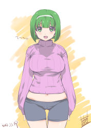 Rule 34 | 1girl, :d, bike shorts, blush, breasts, character request, dated, fang, green eyes, green hair, hairband, highres, inoue sora, large breasts, midriff, navel, open mouth, original, ribbed sweater, short hair, signature, smile, solo, sweater, thigh gap, turtleneck