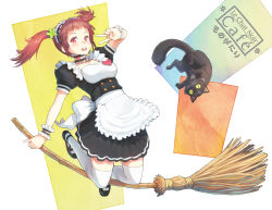 Rule 34 | 1girl, apron, bad id, bad pixiv id, blush, broom, brown eyes, brown hair, cat, efmoe, looking at viewer, maid, maid apron, maid headdress, open mouth, original, short hair, skirt, smile, solo, thighhighs, twintails, v
