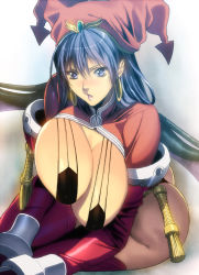 Rule 34 | 1girl, ass, bastard!!, black hair, blush, breasts, earrings, covered erect nipples, hat, homare (fool&#039;s art), huge breasts, jester cap, jewelry, looking at viewer, parted lips, porno dianno, purple eyes, revealing clothes, sitting, solo, thighhighs, wings
