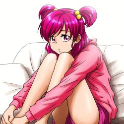 Rule 34 | 1girl, commentary, hair bobbles, hair ornament, hood, hood down, hoodie, hugging own legs, long sleeves, looking at viewer, loungewear, parted lips, pillow, pink eyes, pink hair, pink hoodie, pink shorts, precure, satou yasu, short hair, short shorts, shorts, sitting, solo, twintails, two side up, white background, yes! precure 5, yumehara nozomi