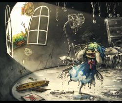 Rule 34 | 3girls, bed, blonde hair, blue dress, blue hair, bow, cirno, commentary request, daiyousei, dress, fangs, green hair, grin, hair bow, ice, ice wings, koto inari, lamp, long sleeves, melting, multiple girls, open mouth, open window, shirt, sign, smile, sunlight, sunny milk, touhou, twintails, window, wings