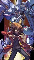 Rule 34 | 2boys, armor, black pants, black shirt, brown eyes, brown hair, card, commentary, cropped legs, duel monster, elemental hero shining neos wingman, green eyes, high collar, highres, holding, holding card, horns, jacket, looking at viewer, male focus, multicolored hair, multiple boys, no mouth, open clothes, open jacket, pants, red jacket, shirt, shoulder armor, single horn, two-tone hair, wings, yu-gi-oh!, yu-gi-oh! gx, yuki judai, zealmaker