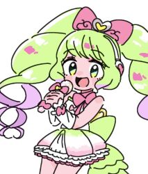 Rule 34 | 1girl, :d, bow, commentary request, cowboy shot, dress, frilled dress, frills, green eyes, green hair, hair bow, hands up, heart, holding, holding microphone, laalulu, long hair, looking at viewer, microphone, multicolored hair, open mouth, pink bow, pretty series, pripara, puffy short sleeves, puffy sleeves, purple hair, short sleeves, simple background, smile, solo, standing, tobihaze (3), twintails, white background