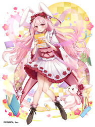 Rule 34 | 1girl, animal ears, blush, book, boots, bow, brown footwear, character request, copyright name, embarrassed, floating, flower, frilled skirt, frilled sleeves, frills, full body, furrowed brow, hair bow, holding, holding book, japanese clothes, kimono, knees together feet apart, long hair, looking at viewer, mahou tsukai to kuroneko no wiz, obi, open mouth, paper, pen, pink flower, pink hair, red bow, red eyes, red flower, sash, scissors, short sleeves, sidelocks, skirt, solo, standing, stuffed animal, stuffed rabbit, stuffed toy, white background, white kimono, white skirt, yugirlpict