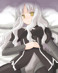 Rule 34 | 00s, 1girl, caren hortensia, crotch seam, fate/hollow ataraxia, fate/stay night, fate (series), kakifly, layered sleeves, long hair, lowres, lying, on back, pantyhose, pillow, solo, thighhighs
