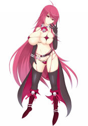 Rule 34 | ahoge, bikini, black gloves, black thighhighs, boots, breasts, elbow gloves, gloves, large breasts, long hair, looking at viewer, original, pink hair, red bikini, red eyes, revealing clothes, rough (riferio), simple background, skindentation, skull, smile, solo, swimsuit, thighhighs, thighs, very long hair, white background
