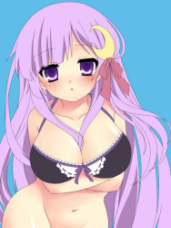 Rule 34 | 1girl, bad id, bad pixiv id, between breasts, blue background, blush, bottomless, bra, breast hold, breasts, cleavage, crescent, crescent hair ornament, etou (cherry7), hair ornament, hat, large breasts, long hair, looking at viewer, patchouli knowledge, purple eyes, purple hair, simple background, solo, touhou, underwear, underwear only