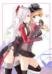 Rule 34 | 2girls, azur lane, black gloves, black legwear, black panties, black ribbon, black skirt, blonde hair, blue eyes, grabbing another&#039;s breast, breasts, crossover, from side, garter straps, gloves, grabbing, hair between eyes, hair ribbon, hat, heart, highres, historical name connection, kantai collection, long hair, medium breasts, microskirt, military, military hat, military uniform, multiple girls, name connection, panties, pleated skirt, prinz eugen (azur lane), prinz eugen (kancolle), ribbon, silver hair, skirt, standing, thighhighs, twintails, two side up, underwear, uniform, very long hair, white gloves, white panties, yuri