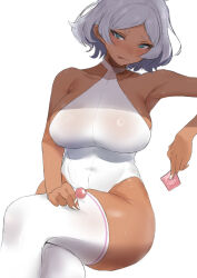 Rule 34 | 1girl, :p, aqua eyes, bare arms, bare shoulders, blush, breasts, candy, closed mouth, commentary request, condom, condom wrapper, crossed legs, dark skin, dh-zone, food, grey hair, gundam, gundam suisei no majo, halter leotard, halterneck, highres, holding, holding candy, holding condom, holding food, holding lollipop, large breasts, leotard, lollipop, looking at viewer, secelia dote, short hair, simple background, sitting, smile, solo, thighhighs, thighs, tongue, tongue out, white background, white leotard, white thighhighs