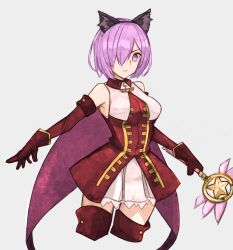 Rule 34 | 1girl, animal ears, black hairband, boots, breasts, cape, cat ears, cropped legs, detached sleeves, fake animal ears, fate/grand order, fate (series), frilled skirt, frills, gloves, grey background, hairband, highres, holding, holding staff, leatzche, looking at viewer, magical girl, magical ruby, mash kyrielight, medium breasts, miniskirt, outstretched arm, pleated skirt, purple cape, purple eyes, purple hair, red footwear, red gloves, red sleeves, short hair, simple background, skirt, solo, staff, standing, thigh boots, thighhighs, white skirt, zettai ryouiki