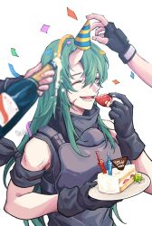 Rule 34 | 1girl, arknights, arm scarf, armpit crease, black gloves, black shirt, body armor, bottle, cake, cake slice, ch&#039;en (arknights), champagne bottle, closed eyes, commentary, confetti, fingerless gloves, food, fruit, gloves, green hair, hat, highres, holding, holding bottle, holding food, holding plate, horns, hoshiguma (arknights), long hair, party hat, peppsi (saba sabasuk0), plate, scar, scar on face, shirt, signature, simple background, single horn, skin-covered horns, sleeveless, sleeveless shirt, solo focus, strawberry, swire (arknights), upper body, white background