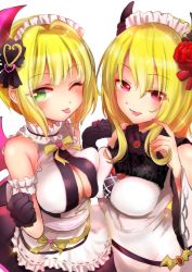 Rule 34 | 2girls, ;p, absurdres, black gloves, blonde hair, breast press, breasts, choker, cleavage, cleavage cutout, clenched hands, clothing cutout, commentary, dress, emilio (tetsukazu no ao), finger to mouth, flower, frilled choker, frills, gloves, green eyes, hair flower, hair ornament, half-closed eyes, highres, idol, idolmaster, idolmaster cinderella girls, kurosaki chitose, long hair, looking at viewer, maid headdress, medium breasts, miyamoto frederica, multiple girls, one eye closed, open mouth, pink eyes, short hair, simple background, sleeveless, sleeveless dress, smile, sparkle, standing, symmetrical docking, tongue, tongue out, underbust, white background, white choker, white dress