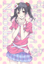Rule 34 | 10s, 1girl, belt, belt skirt, black hair, blue skirt, bow, chilhoo88, collarbone, flower, grin, hair bow, hair flower, hair ornament, hands up, happy birthday, happy maker!, heart, looking at viewer, love live!, love live! school idol project, own hands together, pink shirt, plaid, plaid skirt, polka dot, polka dot background, red bow, red eyes, shirt, short hair, short sleeves, skirt, smile, solo, twintails, wristband, yazawa nico