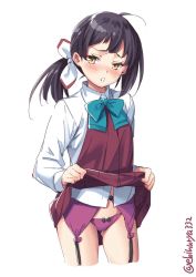 Rule 34 | 1girl, asymmetrical bangs, blush, bow, bowtie, dress, ebifurya, fujinami (kancolle), hair ribbon, highres, kantai collection, lifted by self, long hair, looking at viewer, one-hour drawing challenge, open mouth, panties, purple hair, purple panties, ribbon, school uniform, shirt, side ponytail, simple background, sleeveless, sleeveless dress, solo, underwear, white background, white ribbon, white shirt