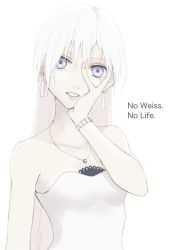 Rule 34 | 1girl, blue eyes, bracelet, chickenonrice, earrings, english text, hair down, hand on own face, jewelry, long hair, looking at viewer, necklace, pendant, rwby, scar, scar across eye, scar on face, simple background, solo, weiss schnee, white hair