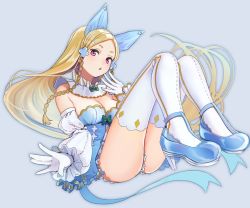 Rule 34 | 1girl, animal ears, ankle strap, bare shoulders, blonde hair, blue hairband, bow, braid, breasts, cleavage, crossed legs, detached collar, detached sleeves, dress, fake animal ears, frilled dress, frills, gloves, hair ornament, hairband, hairclip, high heels, juliet sleeves, legs, long hair, long legs, long sleeves, looking at viewer, nashigaya koyomi, original, puffy detached sleeves, puffy sleeves, purple eyes, simple background, sitting, solo, strappy heels, thighhighs, twin braids, very long hair, white thighhighs