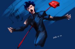 Rule 34 | 1boy, ahoge, black hair, blood, blood on face, broom, colored sclera, dated, death, fate/zero, fate (series), impaled, diarmuid ua duibhne (lancer) (fate), laoism, male focus, parody, red sclera, solo, spoilers, stab, yellow eyes