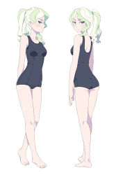 Rule 34 | 1girl, ass, blonde hair, blue eyes, blue one-piece swimsuit, blush, breasts, closed mouth, diana cavendish, feet, from behind, full body, highres, little witch academia, looking at viewer, looking back, looking to the side, multiple views, one-piece swimsuit, ponytail, satochi, shoulder blades, simple background, small breasts, standing, swimsuit, white background