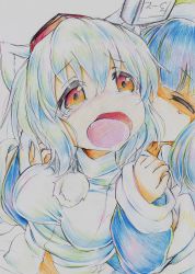 Rule 34 | 2girls, absurdres, animal ears, bad id, bad pixiv id, bare shoulders, blue hair, breasts, colored pencil (medium), detached sleeves, closed eyes, fang, from behind, hat, highres, inubashiri momiji, kawashiro nitori, kitazinger, large breasts, multiple girls, open mouth, red eyes, restrained, short hair, tears, tokin hat, touhou, traditional media, twintails, two side up, wolf ears