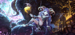 Rule 34 | 1girl, :d, bad id, bad pixiv id, barefoot, blue eyes, blue hair, demon girl, holding, horns, long hair, looking at viewer, observerz, open mouth, original, polearm, sheep, sheep horns, sitting, smile, trident, very long hair, weapon
