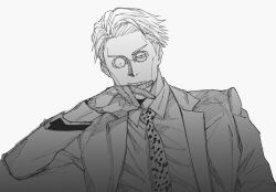Rule 34 | 1boy, animal print, collared shirt, crosshatching, formal, goggles, greyscale, hatching (texture), highres, jujutsu kaisen, leopard print, long sleeves, looking at viewer, male focus, mineco000, monochrome, nanami kento, necktie, shirt, short hair, solo, suit, upper body
