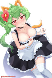 Rule 34 | ahoge, alpaca girl, animal ears, apron, artist name, bare shoulders, blush, breasts, cat ears, cat tail, cleavage, crossed bangs, fake animal ears, fake tail, flower, green hair, guardian tales, hair flower, hair ornament, highres, looking at viewer, maid apron, mayreel (guardian tales), medium breasts, official alternate costume, red eyes, shadow, side ponytail, sitting, sleeveless, tail, thighhighs, umeshiba (eleventhdolls), white background, white thighhighs, wrist cuffs