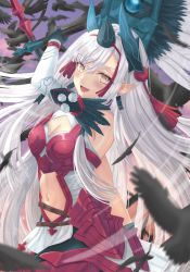 Rule 34 | 1girl, bird, black feathers, breasts, cleavage, clothing cutout, crow, elbow gloves, fate/grand order, fate (series), feathers, gloves, hand fan, highres, kazama (akki12), kiichi hougen (fate), long hair, navel, pointy ears, polearm, spear, stomach cutout, weapon, white hair, yellow eyes