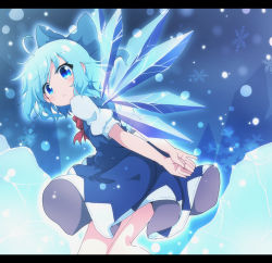 Rule 34 | 1girl, :&lt;, ahoge, arms behind back, blue bow, blue dress, blue eyes, blue hair, bow, cirno, commentary request, do (4-rt), dress, from side, hair bow, highres, ice, ice wings, leaning forward, letterboxed, looking at viewer, medium hair, puffy short sleeves, puffy sleeves, red neckwear, short sleeves, snowflakes, solo, touhou, wings