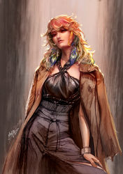 Rule 34 | 1girl, arm support, backlighting, blonde hair, breasts, brown coat, closed mouth, coat, coat on shoulders, contrapposto, cowboy shot, earrings, fashion, feather earrings, feathers, flipped hair, grey pants, halterneck, highleg, highres, hololive, hololive english, holomyth, jewelry, leaning to the side, lips, long hair, long sleeves, multicolored hair, myo-zin, orange hair, pants, red hair, signature, smile, smirk, solo, takanashi kiara, torn clothes, torn pants, virtual youtuber, watch, wristwatch
