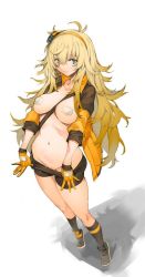 Rule 34 | 1girl, areola slip, bag, bandaid, bandaids on nipples, between breasts, bike shorts, black footwear, black jacket, black shorts, blonde hair, blush, breasts, breasts apart, breasts out, closed mouth, clothes pull, collarbone, commentary request, full body, girls&#039; frontline, gloves, green eyes, groin, hair between eyes, hair ornament, hairband, jacket, long hair, long sleeves, looking at viewer, medium breasts, messy hair, midriff, navel, open clothes, open jacket, orange hairband, pasties, pulling own clothes, s.a.t.8 (girls&#039; frontline), shoes, short shorts, shorts, shorts pull, shoulder bag, sidelocks, simple background, skirt, smile, solo, standing, stomach, strap between breasts, taut clothes, taut shorts, tiptoes, very long hair, yellow gloves, yellow jacket, zutta
