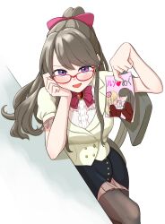 Rule 34 | 1girl, black pantyhose, black skirt, blush, book, bow, bowtie, brown hair, check commentary, commentary request, cowboy shot, frilled shirt, frilled skirt, frills, fujishima megumi, glasses, hair bow, hand on own cheek, hand on own face, high ponytail, highres, holding, holding book, jacket, lapels, link! like! love live!, long hair, looking at viewer, love live!, miniskirt, open mouth, osawa rurino, oshiete teacher (love live!), pantyhose, pencil skirt, pleated shirt, pornography, puffy short sleeves, puffy sleeves, purple eyes, red-framed eyewear, red bow, red bowtie, shirt, short sleeves, simadaburyu, skirt, smile, solo, translation request, virtual youtuber, white background, white jacket, white shirt, yuri