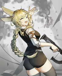 Rule 34 | 1girl, absurdres, animal ears, arknights, black shorts, black thighhighs, black vest, blonde hair, bow (weapon), braid, crossbow, dabaijiang memeda, dutch angle, ear ornament, closed eyes, facing viewer, from behind, hand up, highres, holding, holding crossbow, holding weapon, kroos (arknights), kroos the keen glint (arknights), long hair, official alternate costume, rabbit ears, shirt, shorts, solo, thighhighs, undershirt, very long hair, vest, weapon, white shirt