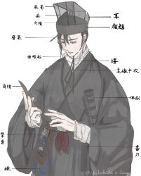Rule 34 | 1boy, absurdres, belt, black eyes, black hair, black robe, calligraphy brush, chinese clothes, chinese commentary, chinese empire, chinese text, guan hat, han dynasty, hanfu, hat, highres, holding, instagram username, jiandu, label, looking down, male focus, paintbrush, robe, romance of the three kingdoms, solo, white background, xun yu, yuzhai