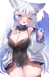 Rule 34 | 1girl, animal ear fluff, animal ears, black dress, blue collar, blue eyes, blue hair, blue nails, blush, breast curtains, breasts, choker, coat, collar, dress, earrings, eip (pepai), fork hair ornament, fox ears, fox girl, fox tail, frilled choker, frilled coat, frills, grey hair, hair ornament, heterochromia, highres, indie virtual youtuber, jewelry, knife hair ornament, large breasts, looking at viewer, lulebel, mole, mole on breast, mole under eye, multicolored hair, multiple earrings, open clothes, open coat, orange eyes, simple background, single bare shoulder, solo, streaked hair, tail, virtual youtuber, white background, white coat, x hair ornament