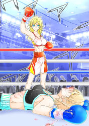 Rule 34 | 2girls, artist request, boxing, boxing gloves, boxing ring, catfight, covered erect nipples, defeat, fighting, multiple girls, tagme, unconscious