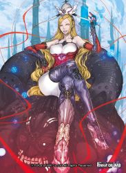 Rule 34 | 1girl, blonde hair, boots, bracelet, breasts, copyright name, crown, earrings, covered erect nipples, force of will, full body, gloves, high heel boots, high heels, jewelry, large breasts, long hair, official art, open mouth, sitting, solo, teeth, yellow eyes