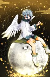 Rule 34 | androgynous, angel, bad id, bad pixiv id, baggy clothes, blue eyes, blue hair, cloud, dolphin, feathered wings, fish, full body, gender request, glowing, halo, highres, long sleeves, looking at viewer, moon, on moon, original, pale skin, poncho, shoes, short hair, shorts, signature, sitting, smile, solo, sparkle, whale, wings, yuuo0
