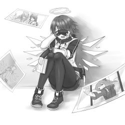 Rule 34 | 1girl, angel wings, arknights, crying, exusiai (arknights), greyscale, grover.y, halo, highres, leggings, monochrome, mostima (arknights), photo (object), photo album, sobbing, solo, squatting, tears, wings