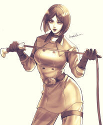 Rule 34 | 1girl, belt, black gloves, breasts, brown eyes, brown hair, choker, gloves, looking at viewer, lovesick 0, medium breasts, military uniform, short hair, signature, snk, the king of fighters, uniform, whip, whip (kof)
