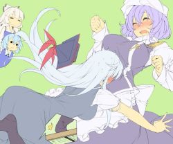 Rule 34 | 4girls, :o, ^^^, black legwear, blue dress, blue hair, blush, bow, breasts, cirno, cut-in, dress, closed eyes, falling, female focus, flat color, from behind, from side, fujiwara no mokou, green background, hair bow, hat, unworn hat, unworn headwear, kamishirasawa keine, kokka han, large breasts, letty whiterock, long sleeves, mob cap, multiple girls, no shoes, nose blush, open mouth, outstretched arm, pantyhose, purple hair, short sleeves, simple background, slipping, solid circle eyes, sweat, touhou, tripping, wavy mouth, white hair