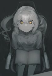 Rule 34 | 1girl, armchair, book, chair, character request, copyright request, drill hair, glowing, glowing eyes, greyscale, highres, holding, holding book, kappa modoki, monochrome, open book, sitting, spot color, twin drills