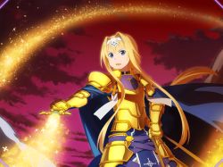 Rule 34 | 1girl, alice zuberg, armor, armored dress, blonde hair, blue eyes, breastplate, faulds, floating hair, game cg, gauntlets, gold armor, hair intakes, hairband, holding, holding sword, holding weapon, long hair, open mouth, osmanthus blade, ponytail, red sky, riding, shoulder armor, sidelocks, sky, solo, standing, sword, sword art online, sword art online: alicization rising steel, very long hair, weapon, white hairband