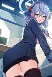 Rule 34 | 1girl, absurdres, ako (blue archive), black skirt, black thighhighs, blue archive, blue eyes, blue hair, blue hairband, blue jacket, blush, breasts, commentary request, day, from behind, from below, garter straps, hair between eyes, hairband, halo, highres, indoors, jacket, long hair, looking at viewer, looking back, medium breasts, nose blush, open mouth, pencil skirt, racchi., skirt, solo, sunlight, thighhighs, window